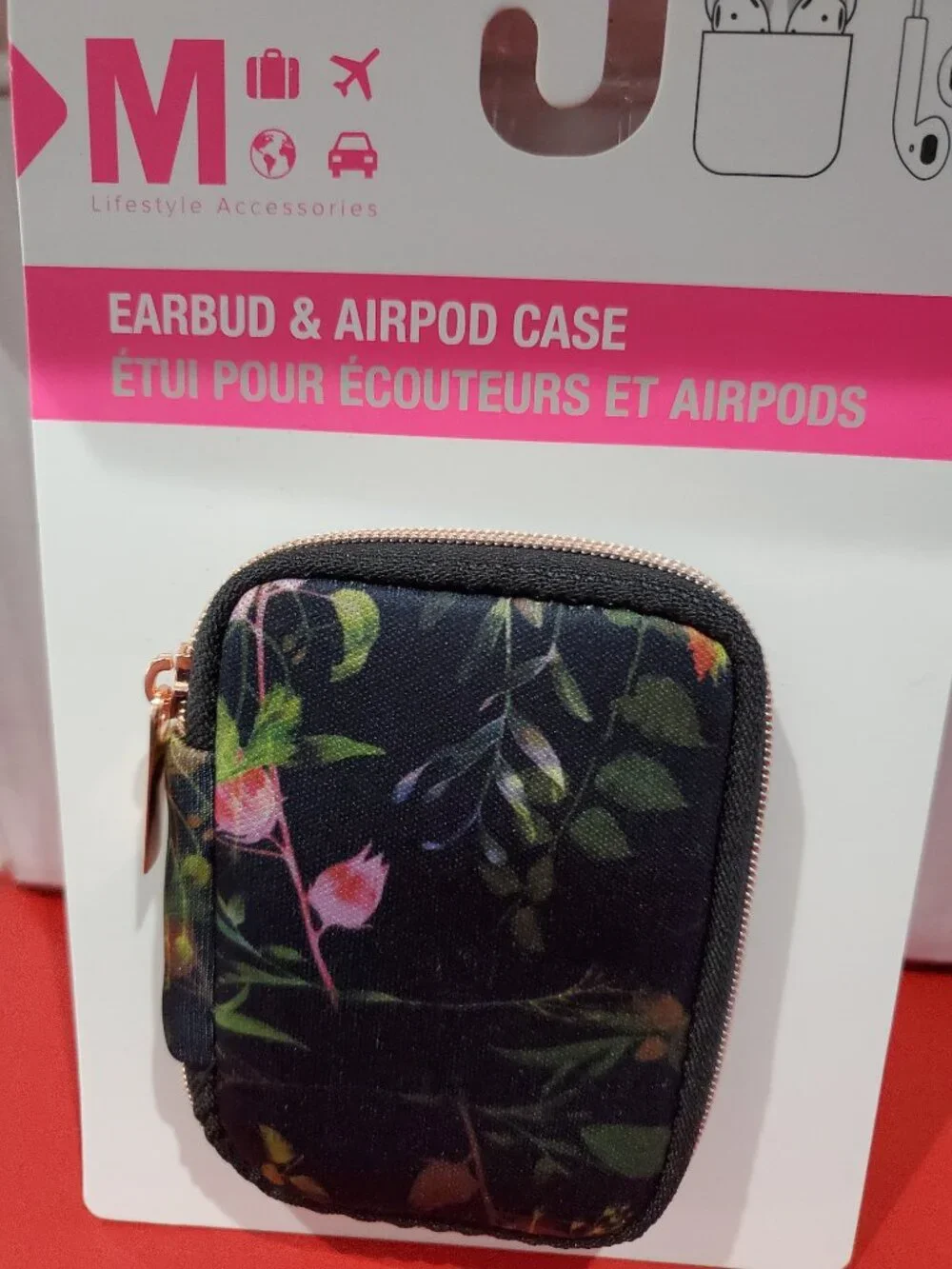 My Tag Alongs Earbud & Airpod Black Floral Case Rose Gold Zipper-NEW